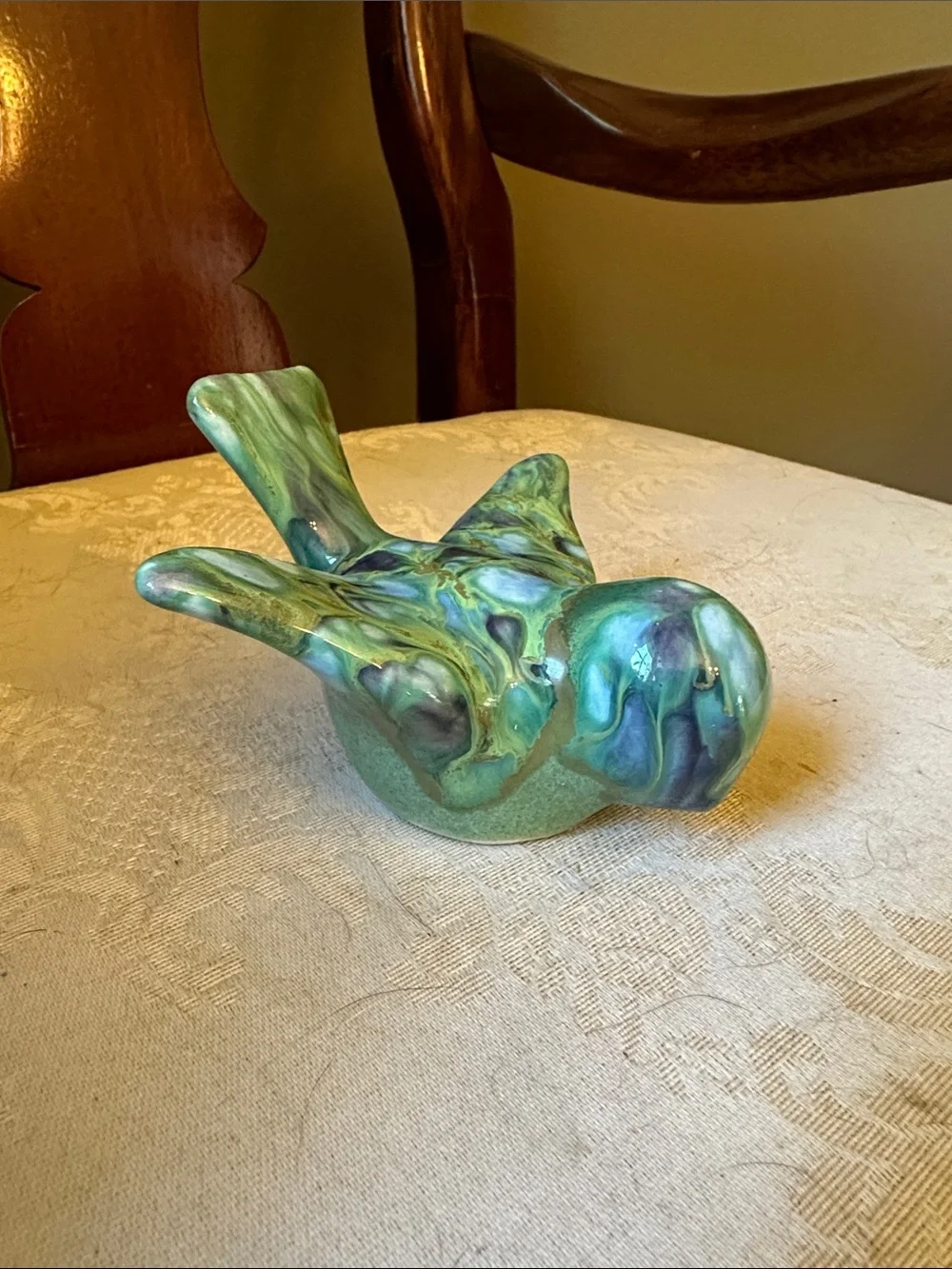1960s Monterey Jade pottery bird w/green, blue drip glaze
